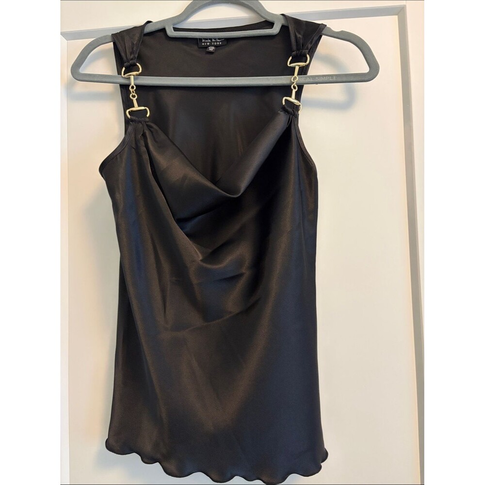 Nicole Miller Black Satin Strapless Cowl Neck top with Gold Hardware
